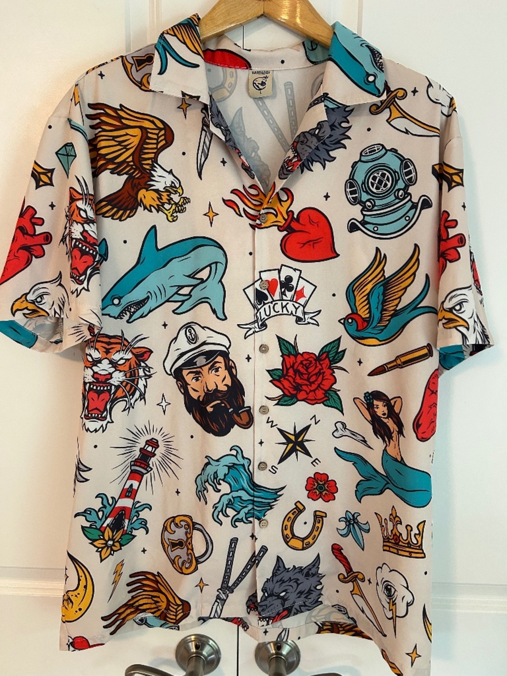Hardaddy classic vintage tattoos fun button down shirt size L